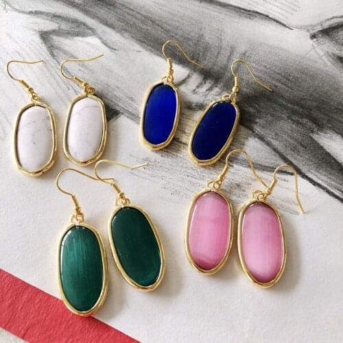 Gold Border Oval Opan Stone Dangle Drop Earrings for Women
