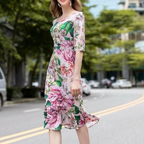 New HIGH QUALITY 2021 Fashion Designer Runway Dress Womens Square Collar Half Sleeve Floral Print Mermaid Dress