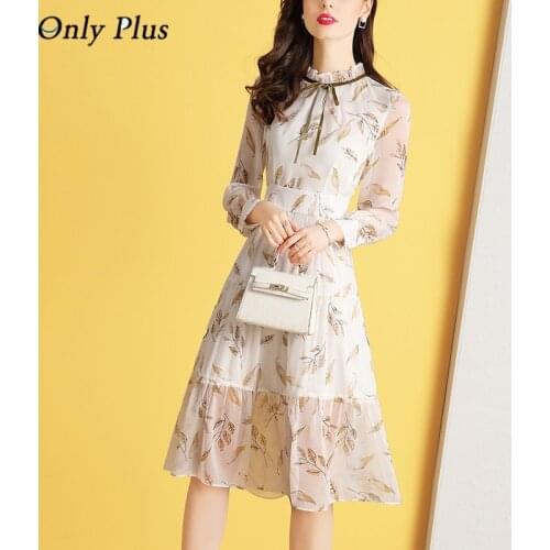 Spring/Autumn Printed Dress Women Floral Knee-Length Elegant Midi Dresses Elegant Female Holiday Chiffon A-LINE Dress 2021