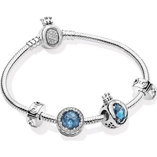 100% pure silver winter Christmas crown cat eye blue Jewelry Pandora bracelet set with girlfriend gift