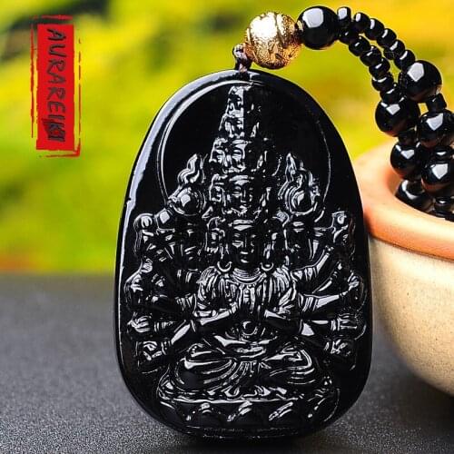 AURAREIKI Obsidian Thousands Hands Guanyin Pendant Necklace Charms Exorcise Evil Spirits Amulet Pendant Ornament Mala Unisex