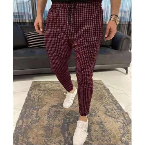 Streetwear Mens Pants Joggers Casual Trousers Skinny Stretch Chinos Pants Spring autumn Slim Fit Plaid Check Pants Men S-3XL