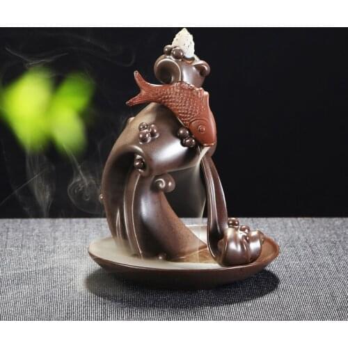 Carp Design Buddha Buddhist Burner Backflow Incense Burner With 10Pcs Cones Incense Ceramic Censer Holder Use In Home Office