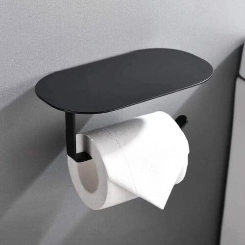 Bathroom Toilet Paper Holder Black/BrushedGold/Gun Gray Tissue Phone Rack Wall Mounted Space Aluminum WC Paper Holder with Shelf