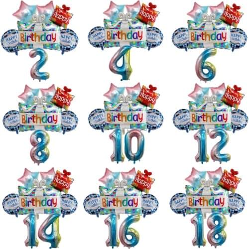 Gradient Blue Number Star Large Birthday Gift Box Foil Balloons Set Lovely Cartoon Happy Birthday Party Decorations