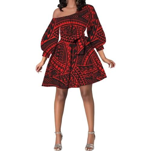 Hycool Factory Outlet Sexy Oblique Shoulder Women Party Dress Summer Casual Long Sleeve Mini Dress Polynesian Stripe Red Dress