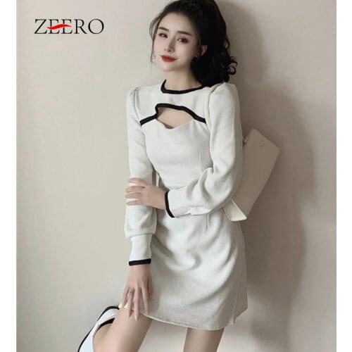 Korea Autumn Winter Women Casual Vintage Corduroy DressHollow Out Sexy Slim Puff Sleeve Back Zipper Base A-line Mini Dressess