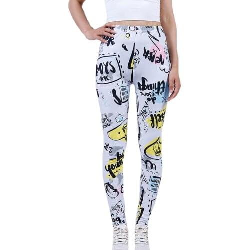 CKAHSBI New White Yellow Letter Leggings Women Polyester Pants Female Elastic Fitness Black Graffiti Pattern Street New Trouser