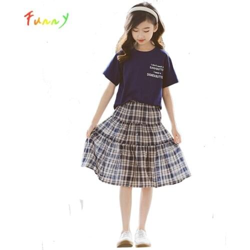 Girls Summer Clothes Cotton Letter Print T-shirt + Plaid Skirt Sets Casual Teenage Girls Clothing Set Kids Back to School Outfit