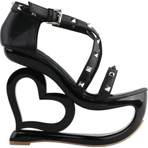 LF40221 SHOW STORY Retro Black Strappy Studs Heart Heel Wedge Evening Platform Sandals