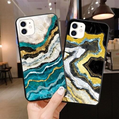 Fashion Artistic agate marble gold bar Phone Case For iphone X XS Max XR 6S 7 8 Plus SE 2020 Soft Black Silicon Back Cover Funda