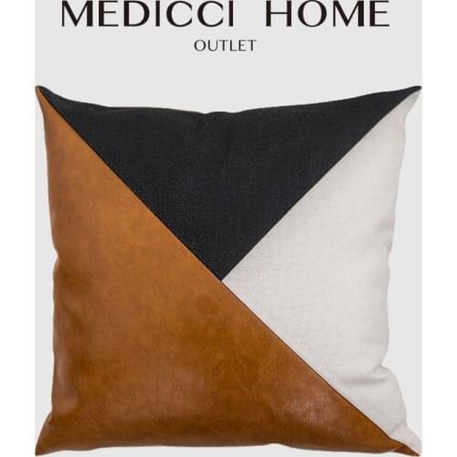 Medicci Home Color Block Cushion Cover Cognac Leather Cotton Splicing Trendy Sofa Couch Modern Minimalist Pillow Case 45x45cm