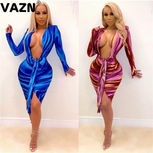 VAZN New 2020 Sexy Deep V-neck Elegant Club Birthday Shinny Bandage Dress Full Sleeve Sheath Dresses Elegant Mini Dress