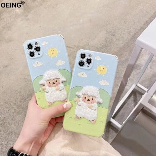 OEING Embroidery Goat Cartoon Phone Case For Iphone 11 12 Pro Max 7 8 X XS Max XR SE Lens Protection Shockproof Soft Case Cover