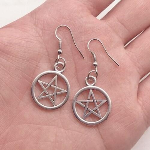 Witch five-pointed star earrings, gothic earrings, charm star five-pointed star and moon pendant womens silver earrings