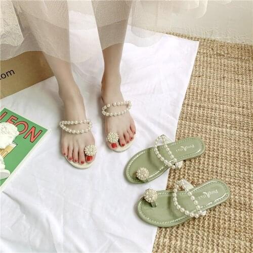 Summer Womens Sweet Pearl Flip-flop Sandals Brand Womens Beach Sexy Green Soft Sole Flat Shoes Outdoor Leisure Woman Slippers
