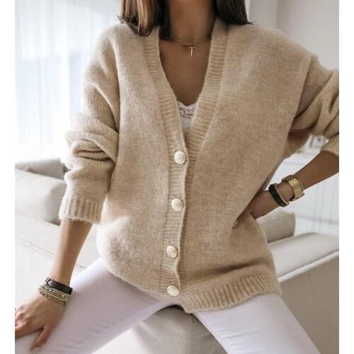 Autumn Winter Loose Sweaters Women Elegant V-Neck Long Sleeve Solid Single Breasted Slim Knitted Cardigans Office Ladies Outwear