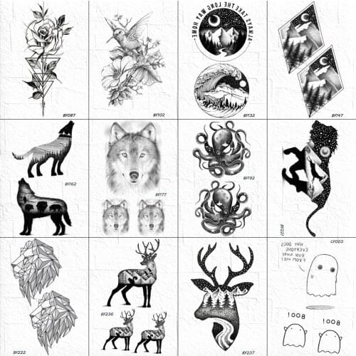 VANKIRS Women Arm Art Tattoos Fake Body Ankle Chest Men Sexy Sketch Wolf Tattoos Temporary Little Black Lion Elk Tatoos Supplies