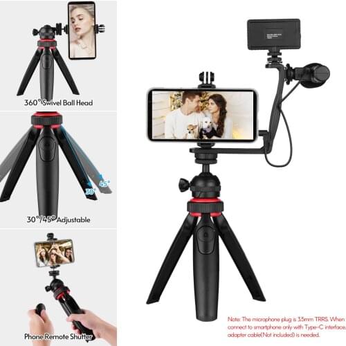 Phone Video Vlog Kit with Ball Head Tripod Microphone LED Light Phone Clamp Mount Adapter Remote for Smartphone Action Camera