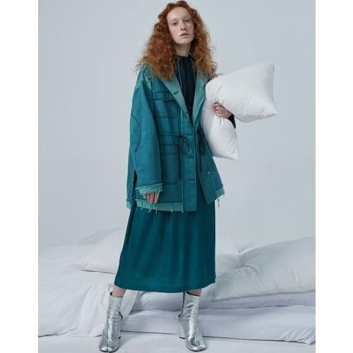 Design Spring Original Women Casual Loose Hooded Washed Cotton Denim Clothes Long Sleeve Blue Green Deans Jacket