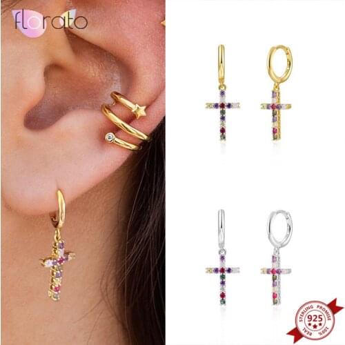 925 Sterling Silver Ear Buckle Rainbow Crystal Cross Drop Hoop Earrings for Women Charming Colorful CZ Huggie Earrings Jewelry
