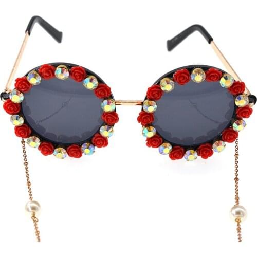 Oversize Women Sunglasses Fashion Design Beautifully Framed Red&White Flowers Gold Color Tassel Sunglasses Brand Designer