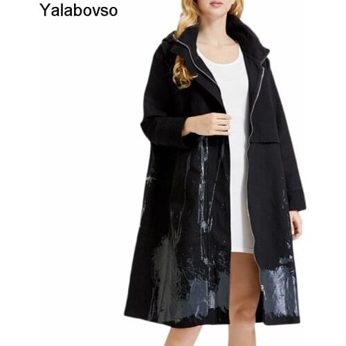 Oversized Womens Print Contrast Coat Medium Length 2021 Autumn Winter Black Color Loose Trench Coat Female Zipper With Hat