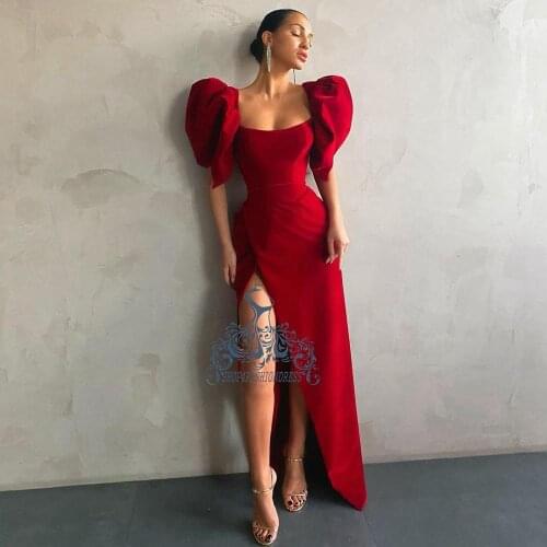 New Arrival Red Satin Mermaid Prom Gowns Puff Cap Sleeves Side Split Long Party Dress Elegant Celebrity Party Gowns Sukienki
