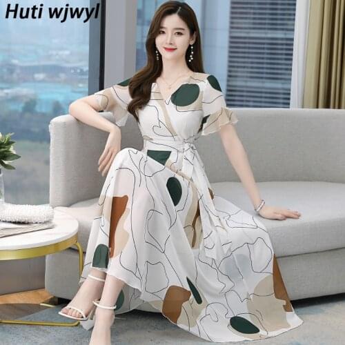 3XL Plus Size Summer Vintage Boho Dot Sundress Elegant Women Bodycon Party Vestidos 2021 Print Chiffon Beach Vacation Maxi Dress