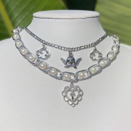 Retro New Brand New Spot Girls Court Relief Lovely Cross Pendant Pearl Necklace Clavicle Chain Female