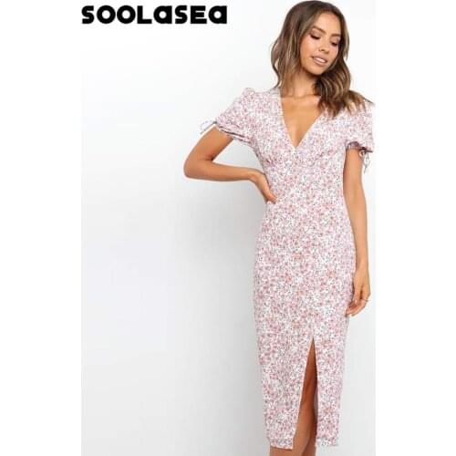 Soolasea Floral Print Short Sleeve Midi Dress Women Deep V Neck Elegant Dress 2021 Ladies Summer Split Party Dress Vestidos