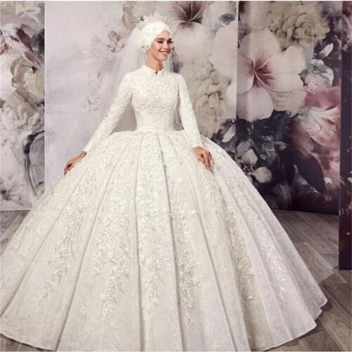 2021 Muslim Wedding Dresses Dubai Ball Gown High Neck Lace Applique Long Sleeve Wedding Dress Floor Length Luxury Bridal Gowns