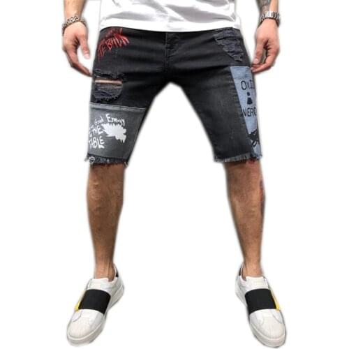 2021 Summer New Fashion Hip hopBrand Mens Retro Style Ripped Denim Shorts Print Jean Slim Shorts Male