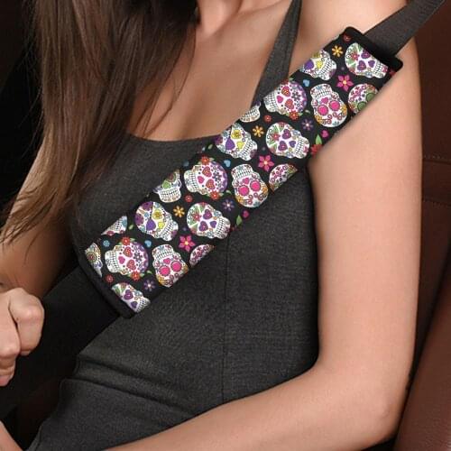 INSTANTARTS Sugar Skull Pattern Car Accessories Seat Belt Covers Fashion Style Car Seat Belt Covers for Adults New Seatbelt Pad