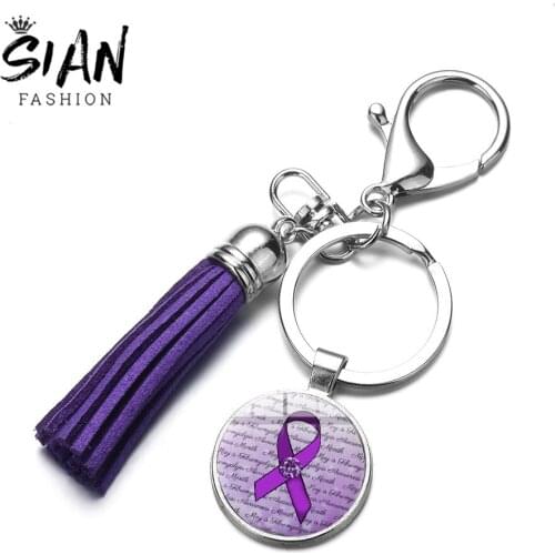 SIAN Charm Purple Ribbon Tassel Keychain More Care Fibromyalgia Awareness Symbol High Quality Crystal Key Ring Women Bag Pendant