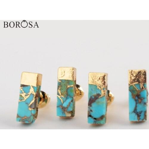 BOROSA Natural Blue Turquoises Stud Earrings with Gold Vein Rectangle Turquoises Stud Earrings Fashion Jewelry for Women G1987