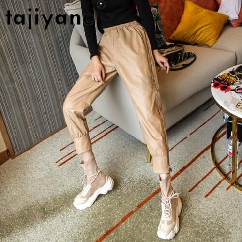 Pants Women Streetwear Genuine Leather Trousers Woman Real Sheepskin Wide Leg Pants Oversize Style Frau Hosen TN1309