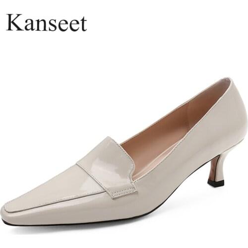 Kanseet High Heels Women Shoes Cow Patent Leather Pumps Concise Office Lady Elegant Square Toe Footwear Shallow White Black 41