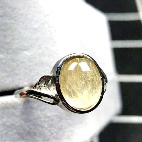 12x10mm Natural Gold Rutilated Ring For Woman Lady Man Crystal Round Beads Quartz Silver Gemstone Adjustable Ring Jewelry AAAAA