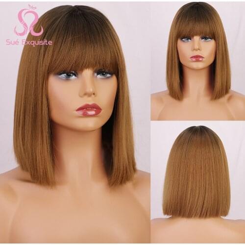 SUe EXQUISITE Synthetic Bob Wigs Short Bob Wig With Bangs for Women Afro Ombre Black Brown Blonde Pink Wigs for Party Daily Use