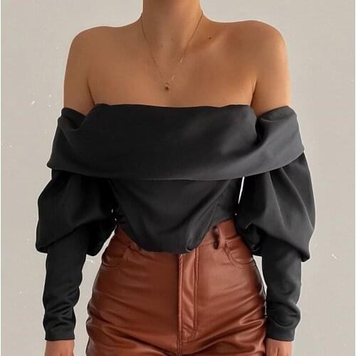 European and American Summer New Sexy Fashion Off Shoulder One Line Collar Pleated Pile Sleeve Long Sleeve Short Open Navel Top