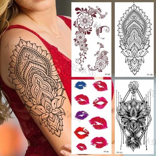 Lotus Henna Temporary Tattoos Women Adults Girls Realistic Lips Lace Flower Waterproof Fake Tattoo Stickers Arm Body Tatoos