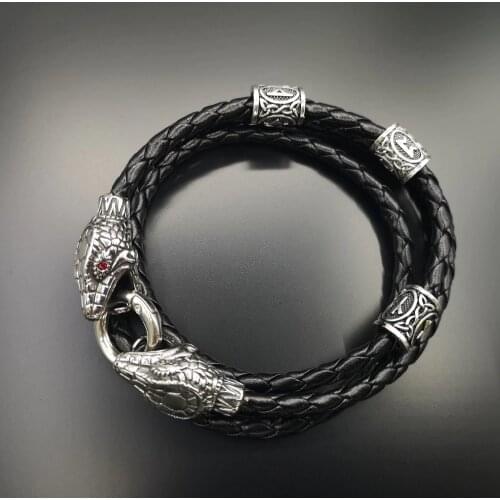 2019 New Arrival Men Stainless Steel Leather Bracelet Men Jewelry Red eye Snake Head Charms Bracelets Bangles Wristband pulseira