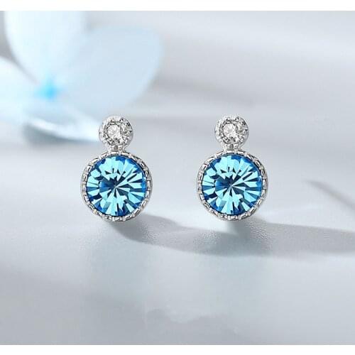 Ocean Style 925 Sterling Silver Blue Crystal Round Stud Earrings For Women Girl Elegant Party Jewelry Prevent Allergy eh1206