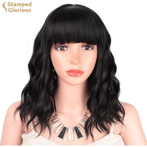 Stamped Glorious Dark Red Short Natural Wave Synthetic Wigs with Bangs for Women Cosplay Hair Resistant Fiber Daily False Hair
