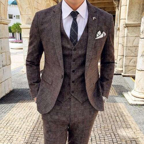Jacket+Vest+Pants) Grooms Wedding Dress Plaid Formal Suit Mens Fashion High-quality Business Casual Suit Three-piece Suit