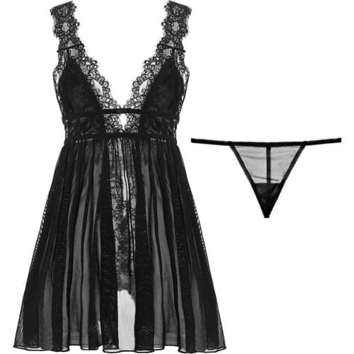 Sexy Summer Women Sleepwear V-Neck Nightdress Lace Pajama Bifurcation Nightwear Nightdress + Panties Sleepwear Strap Nightwear