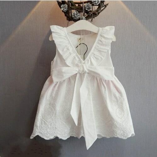 Girls V back dress pure cotton hollow lace bow tie pure white princess dress