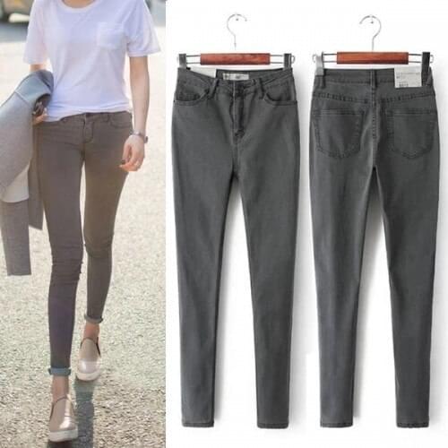 Obrix Casual Style Gray Skinny Streetwear Female Jeans Slim Elastic Pencil Pants For Women Mid Waist