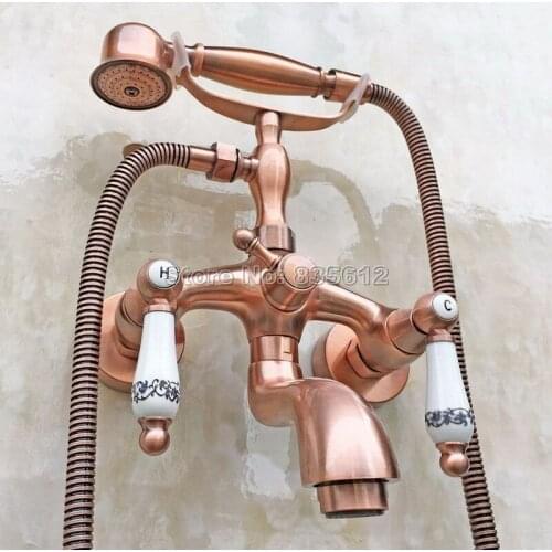 Antique Red Copper Handheld Shower Head Bath Tub Faucet Wall Mounted Bathroom Dual Ceramic Handles Mixer Tap Wtf802